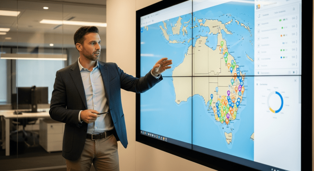 Professional man in a suit presenting safety compliance data on a large digital map of Australia in an office.