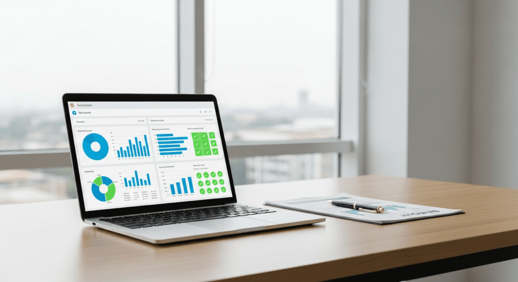 Laptop screen displaying a digital safety compliance dashboard with charts, graphs, and green checkmark status indicators.
