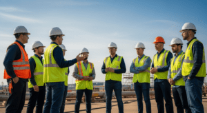 Diverse team in safety gear gathered for a toolbox talk on a work site