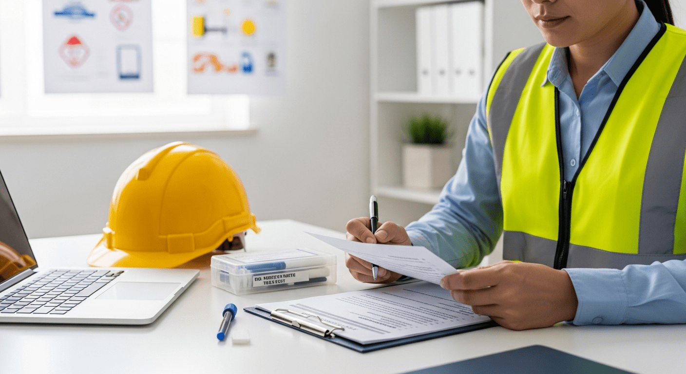 Safety manager reviewing a checklist with testing equipment on a desk