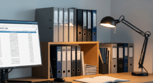 Organised filing system of testing records with a digital screen showing audit logs