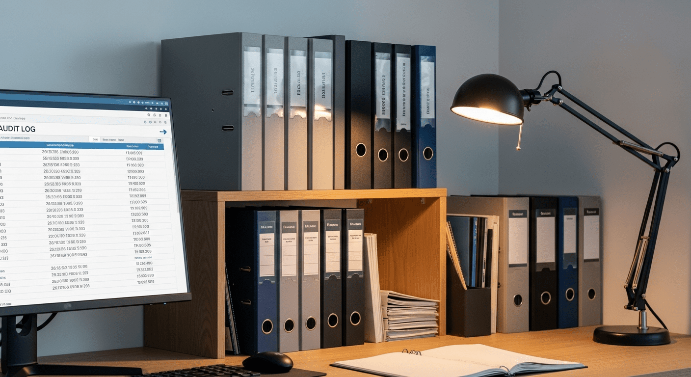 Organised filing system of testing records with a digital screen showing audit logs