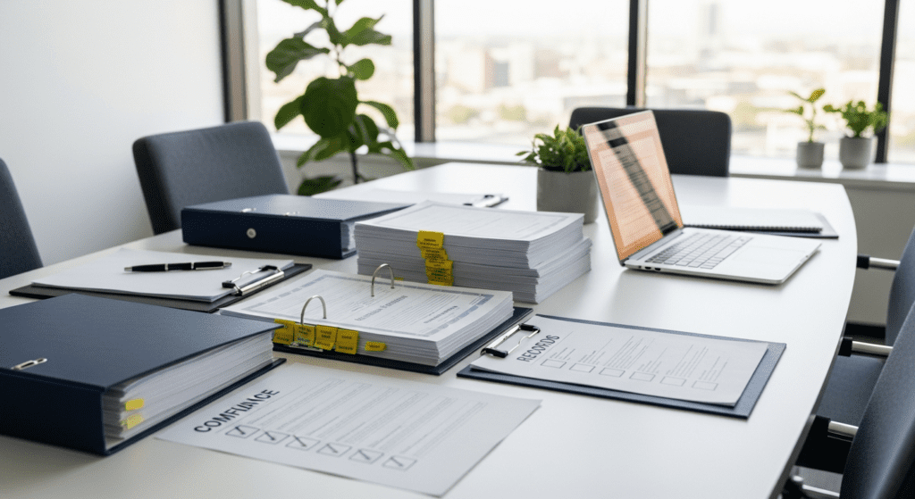 Organised compliance documentation spread across a meeting table