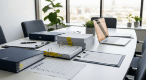 Organised compliance documentation spread across a meeting table