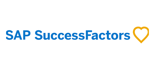 SAP SuccessFactors logo with blue text and a yellow heart icon on a white background.