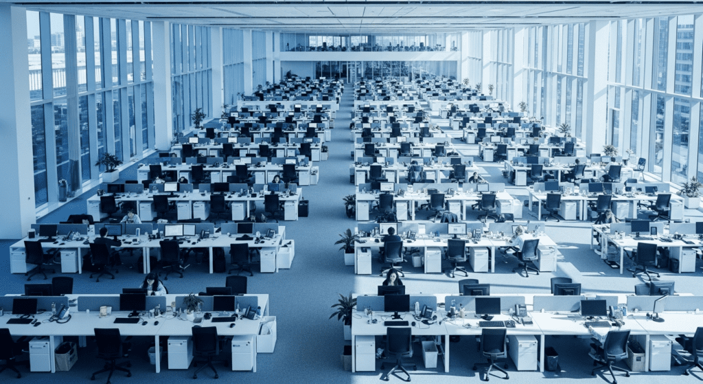 Wide view of a large corporate office floor representing a growing organisation