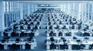 Wide view of a large corporate office floor representing a growing organisation