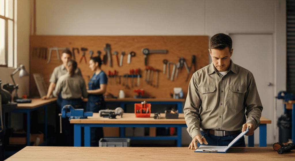 Small business owner in a workshop or trade environment reviewing safety documents