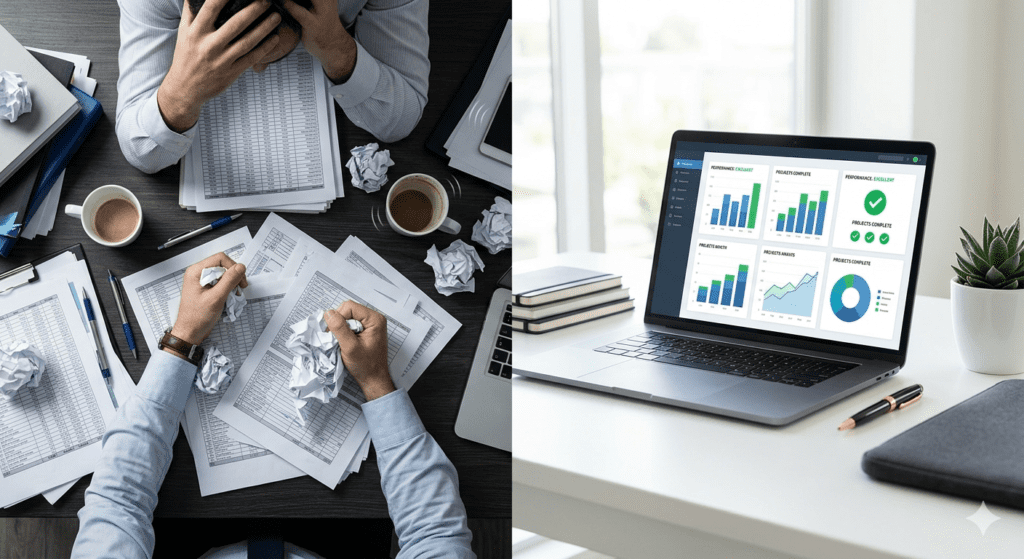 Split view comparing cluttered paper spreadsheets with a clean digital testing dashboard