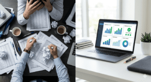 Split view comparing cluttered paper spreadsheets with a clean digital testing dashboard