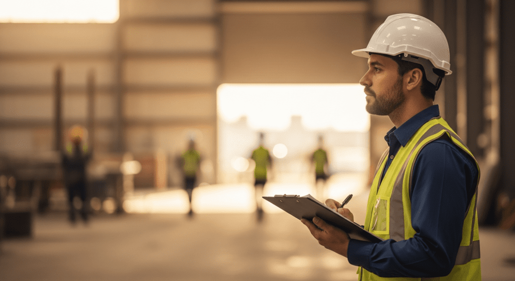 Supervisor in high-visibility vest observing a work site with a clipboard