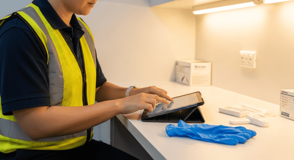 Technician in high-visibility vest using a tablet to log data at a sterile workstation with blue gloves.