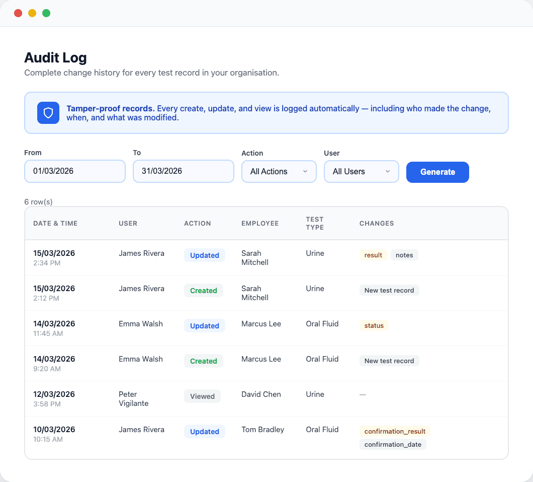Audit log interface showing a table of test record changes with user, action, and timestamp details.