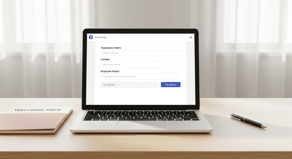 Laptop screen displaying a web-based provider onboarding form with fields for organization name, location, and file import.