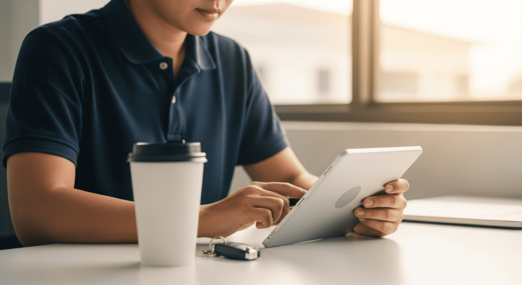 A person in a navy polo shirt using a tablet at a desk with a coffee cup and car keys.