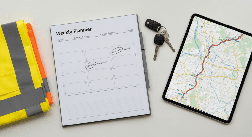 High-visibility vest, weekly planner with marked dates, car keys, and a tablet displaying a transport route map.