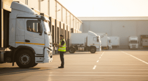 Heavy vehicle truck at an Australian logistics depot with safety equipment