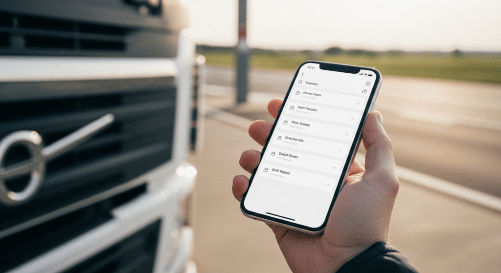 Hand holding a smartphone displaying a logistics mobile app interface with a truck in the background.