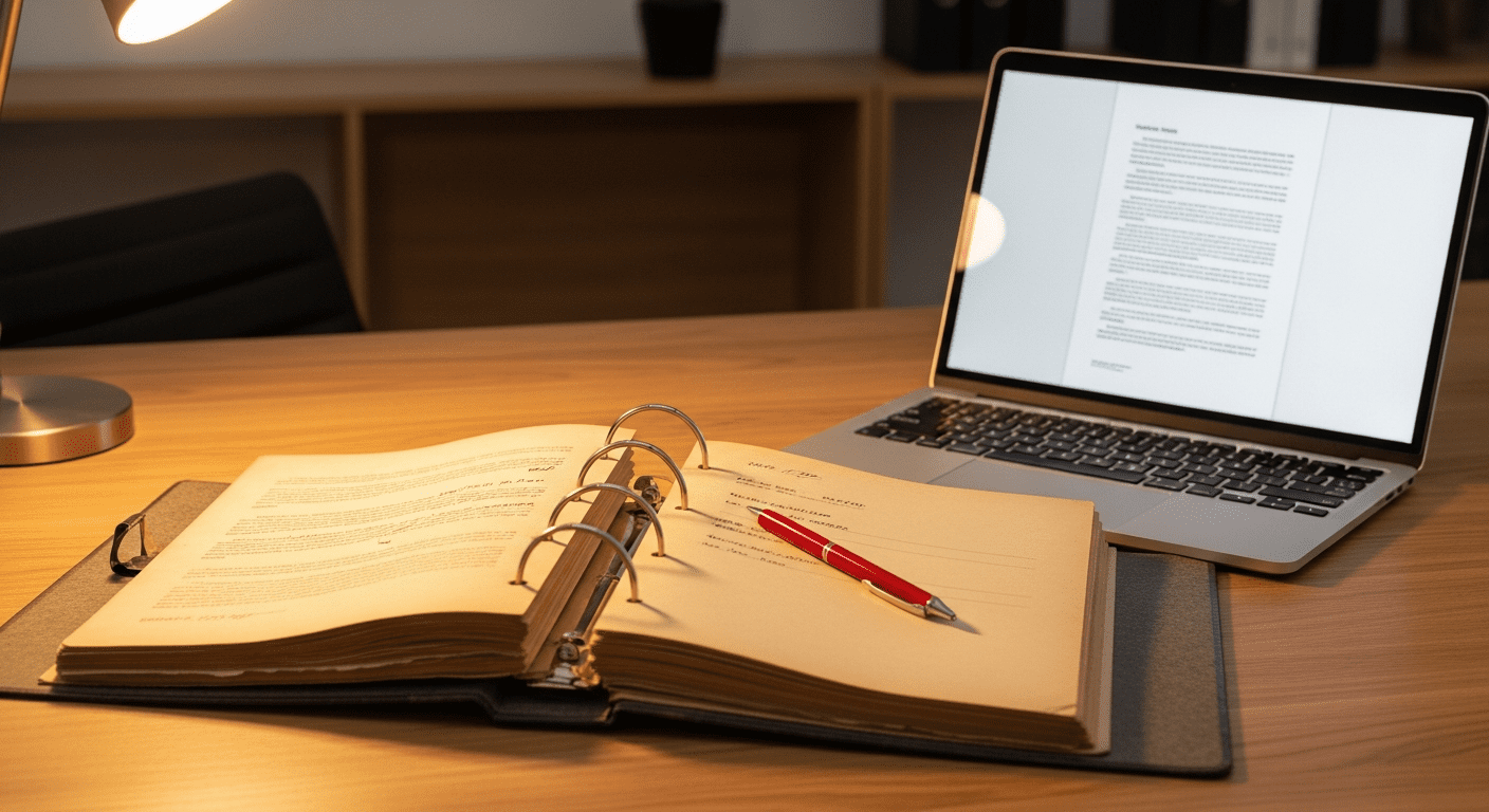 Old policy binder alongside a modern laptop showing an updated digital document