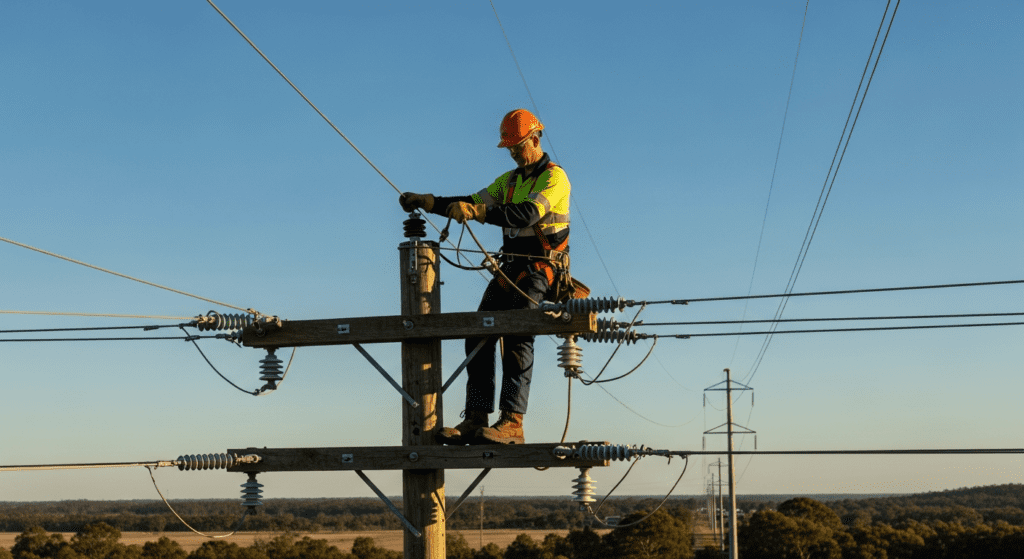 Electricity linesman working on power lines at height with safety equipment