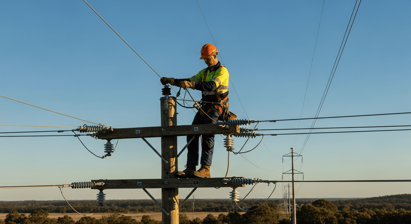 Electricity linesman working on power lines at height with safety equipment