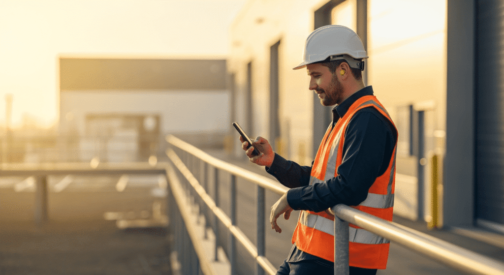 Construction worker in a hard hat and safety vest leaning on a railing while checking a smartphone at sunset.