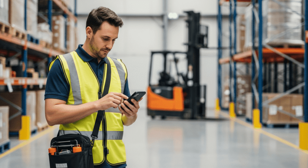 Warehouse worker in a high-visibility vest using a smartphone with a forklift in the background.
