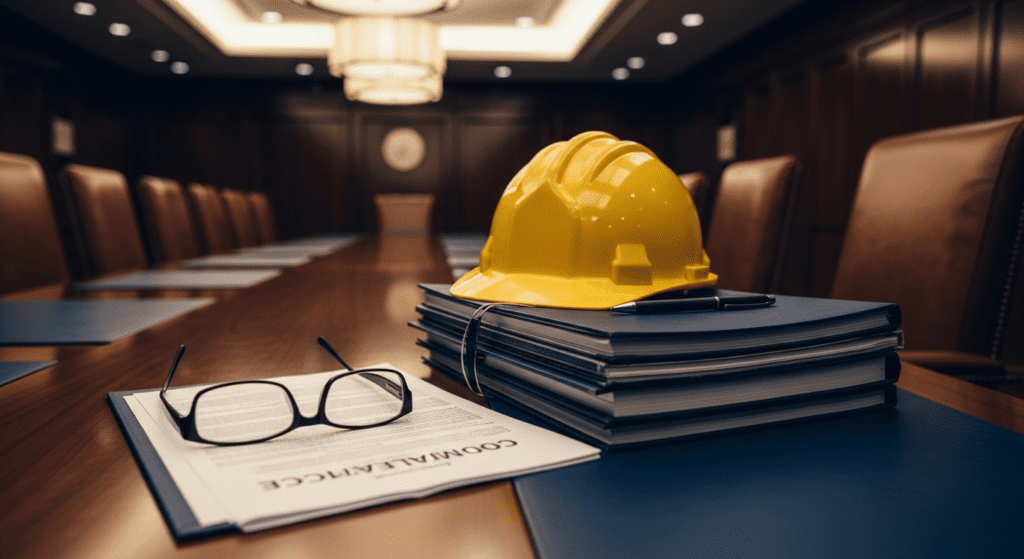 Corporate boardroom with safety documents and hard hat on the table