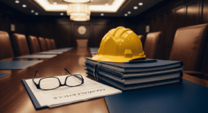 Corporate boardroom with safety documents and hard hat on the table