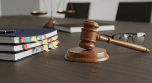 A wooden judge’s gavel rests on a desk beside stacked books with colorful tabs, eyeglasses, and scales of justice in the background, suggesting a legal or courtroom setting.