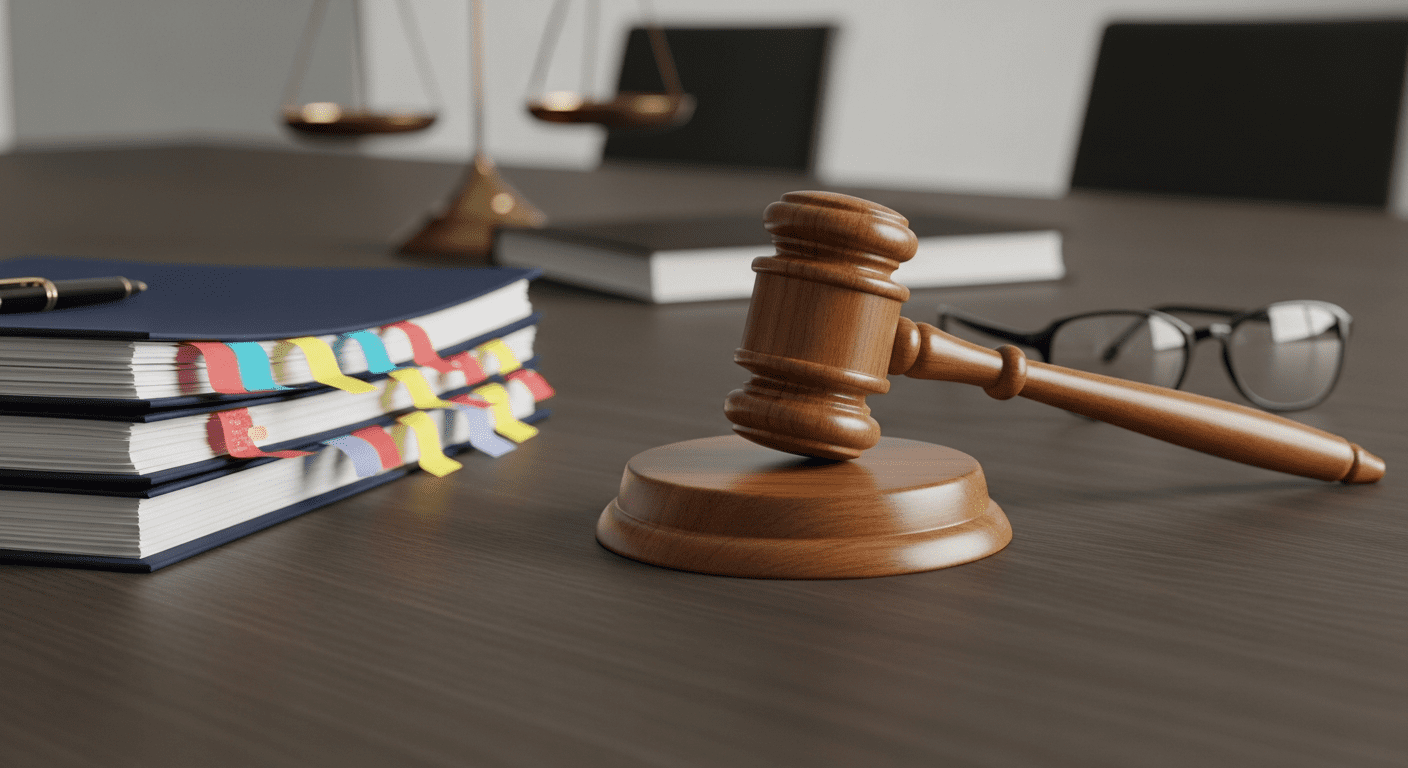 A wooden judge’s gavel rests on a desk beside stacked books with colorful tabs, eyeglasses, and scales of justice in the background, suggesting a legal or courtroom setting.