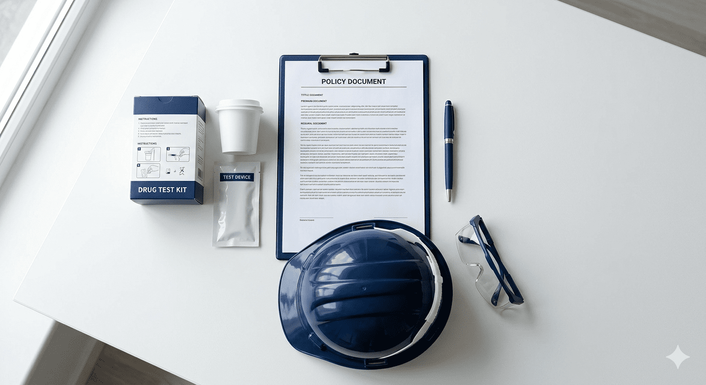 Drug test kit, policy document on a clipboard, hard hat, and safety glasses arranged on a white office desk.