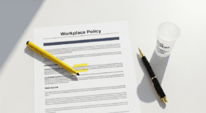 A printed workplace policy document on a desk with a yellow pen, a black fountain pen, and a clear plastic cup labeled NO PRINTING nearby. Sunlight casts shadows across the scene.